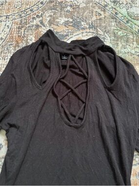 Jella Couture Black Quarter Length Sleeve Top with Lattice Neckline
